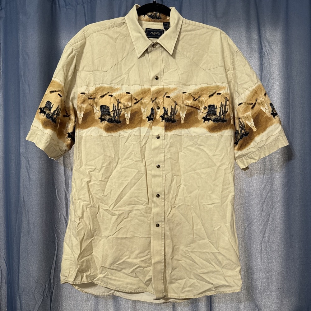 Vintage Roper Western Shirt Pearl Snap Cowboys Horses Men's Large Short Sleeve